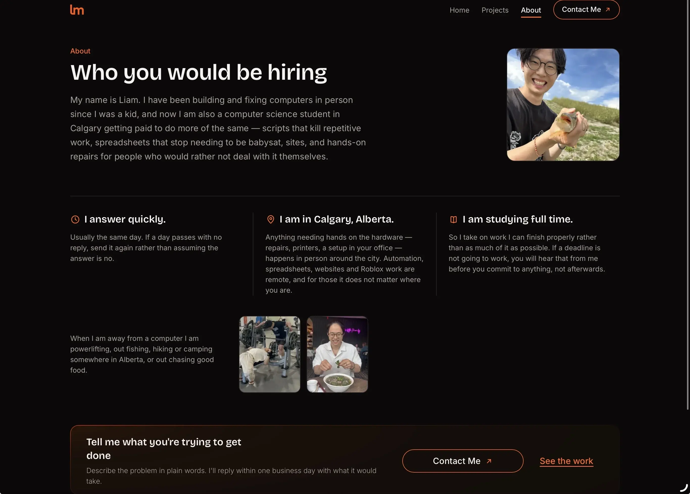 The liamthemo.com About page after the dark/orange redesign.