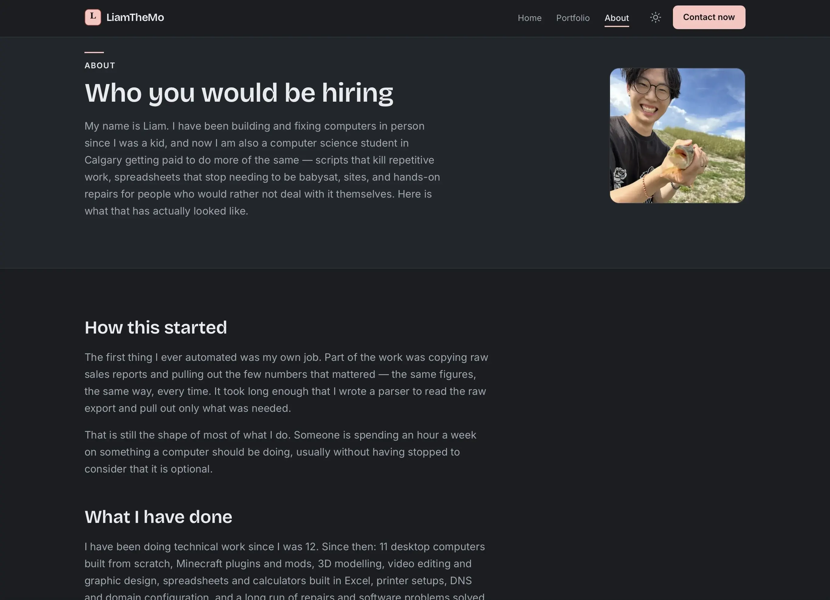 The liamthemo.com About page before the dark/orange redesign.
