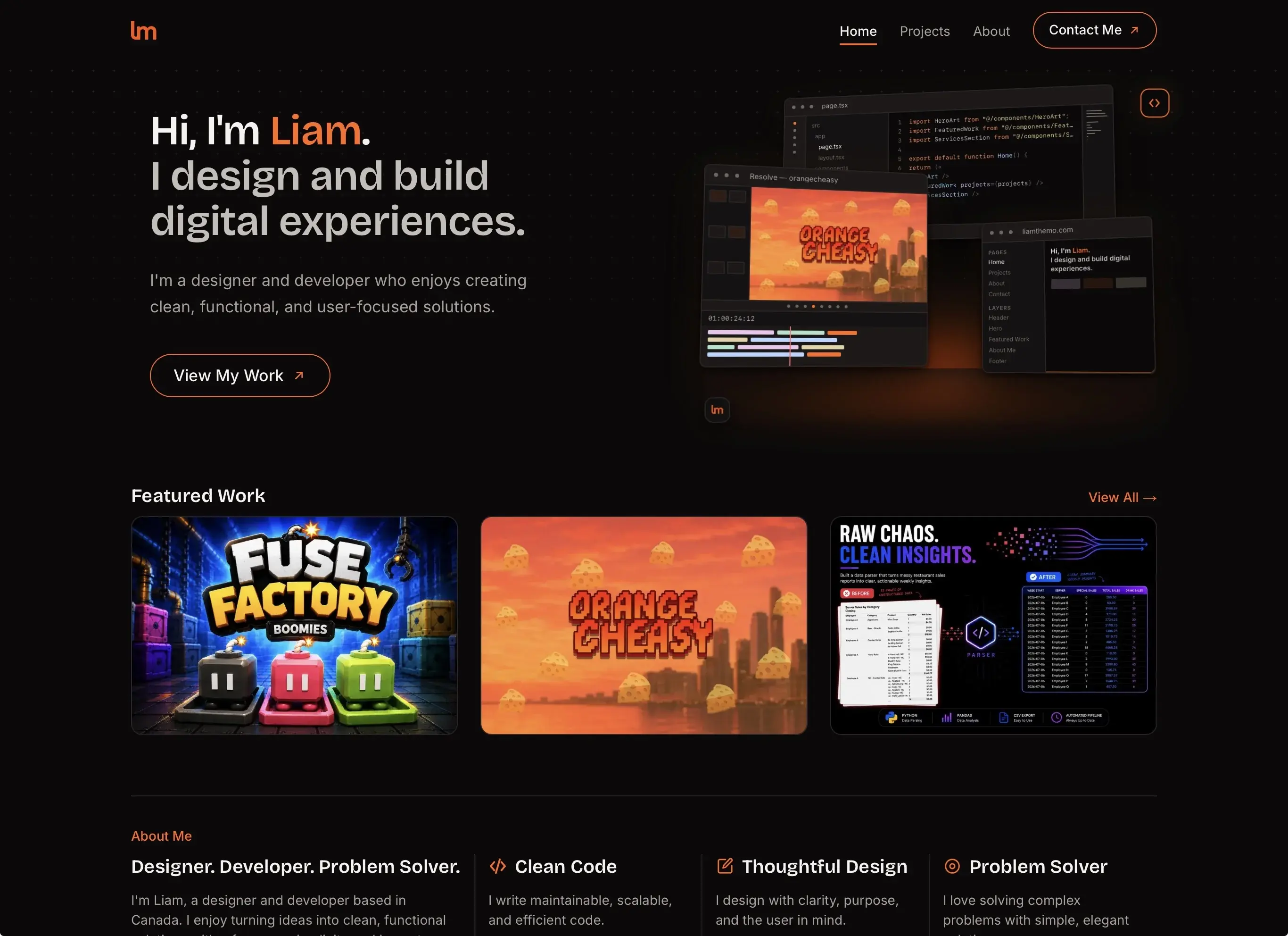 The liamthemo.com homepage after the dark/orange redesign.