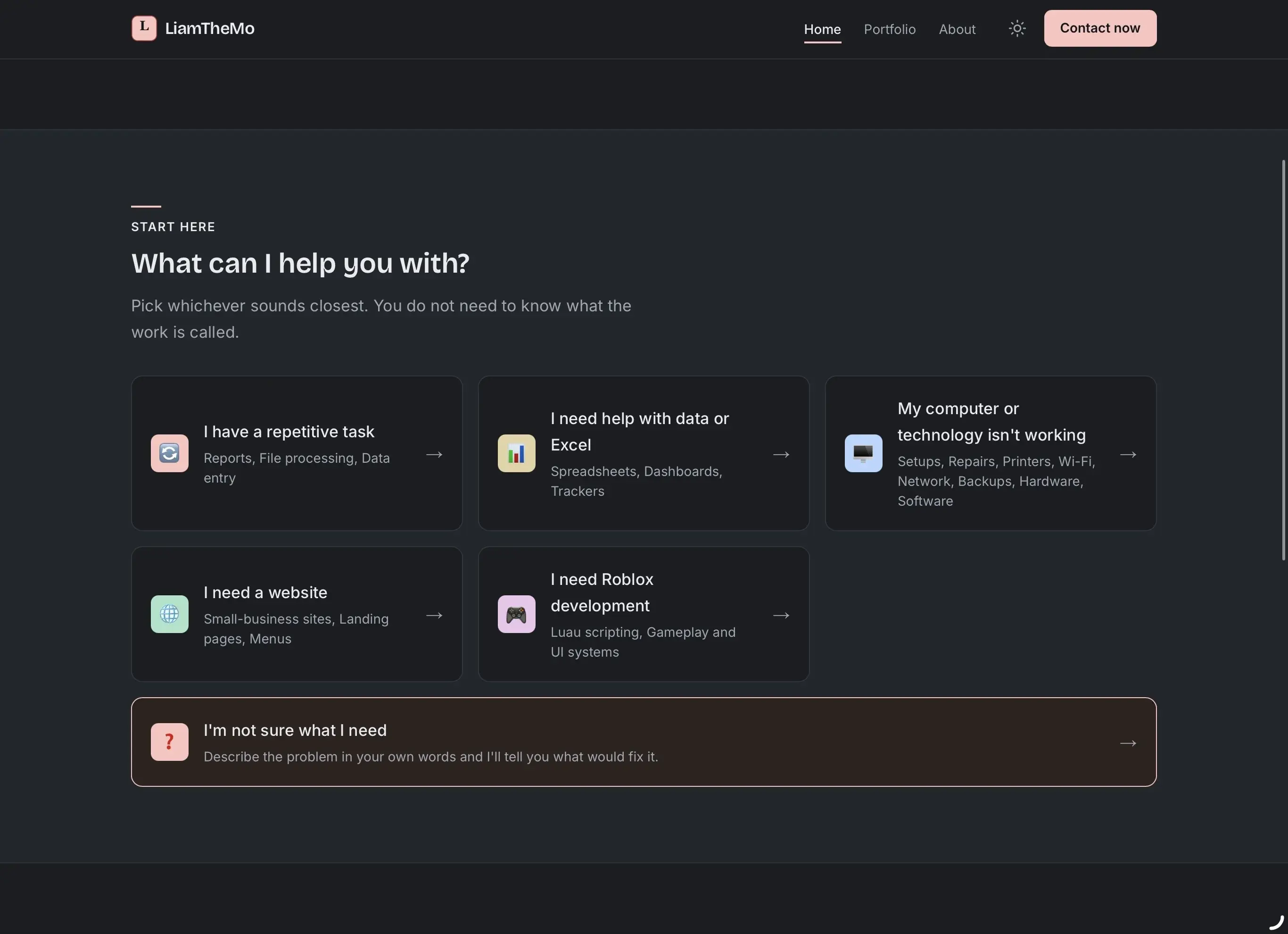 The liamthemo.com homepage before the dark/orange redesign.