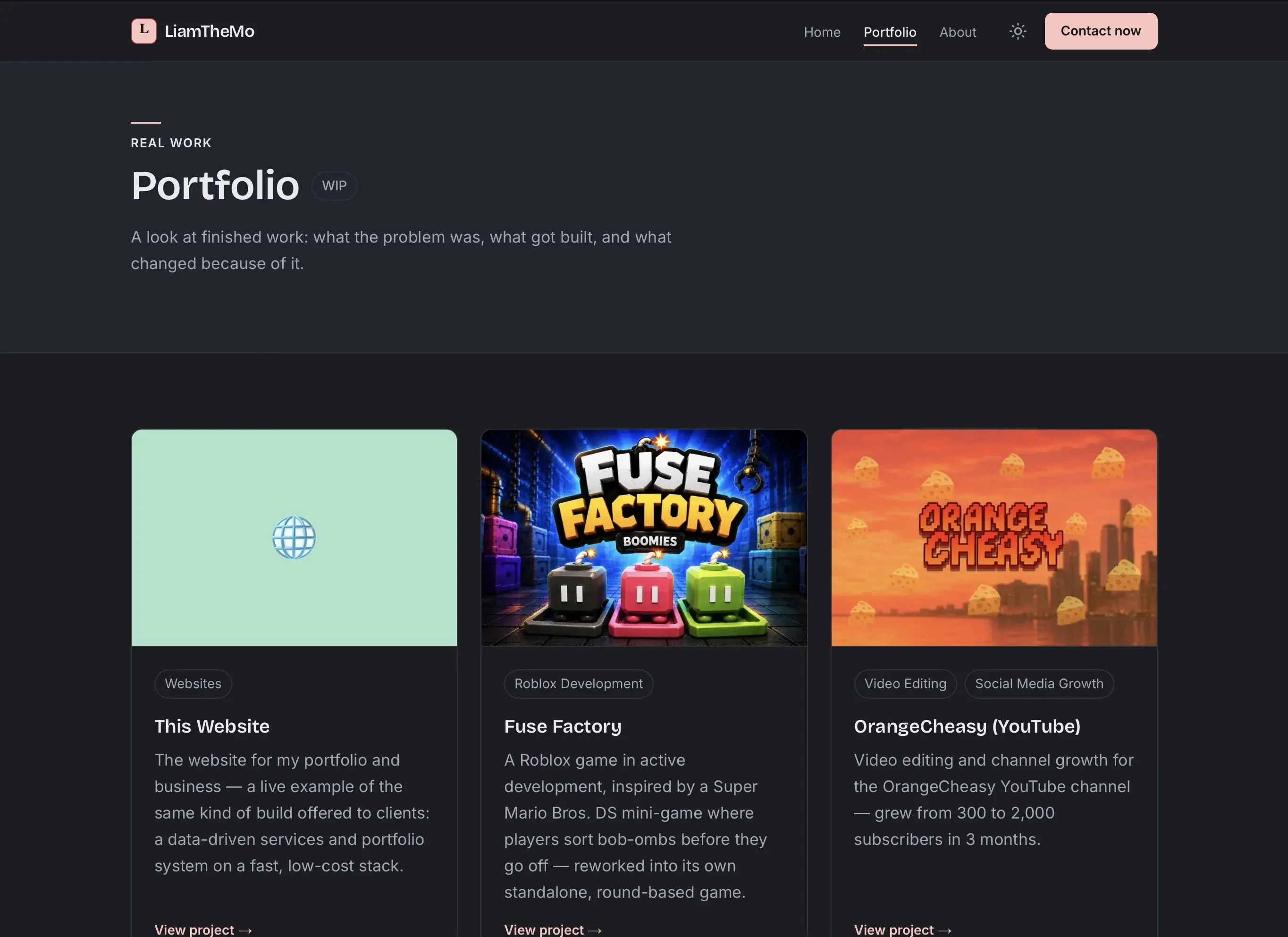 The liamthemo.com Portfolio page before the dark/orange redesign.