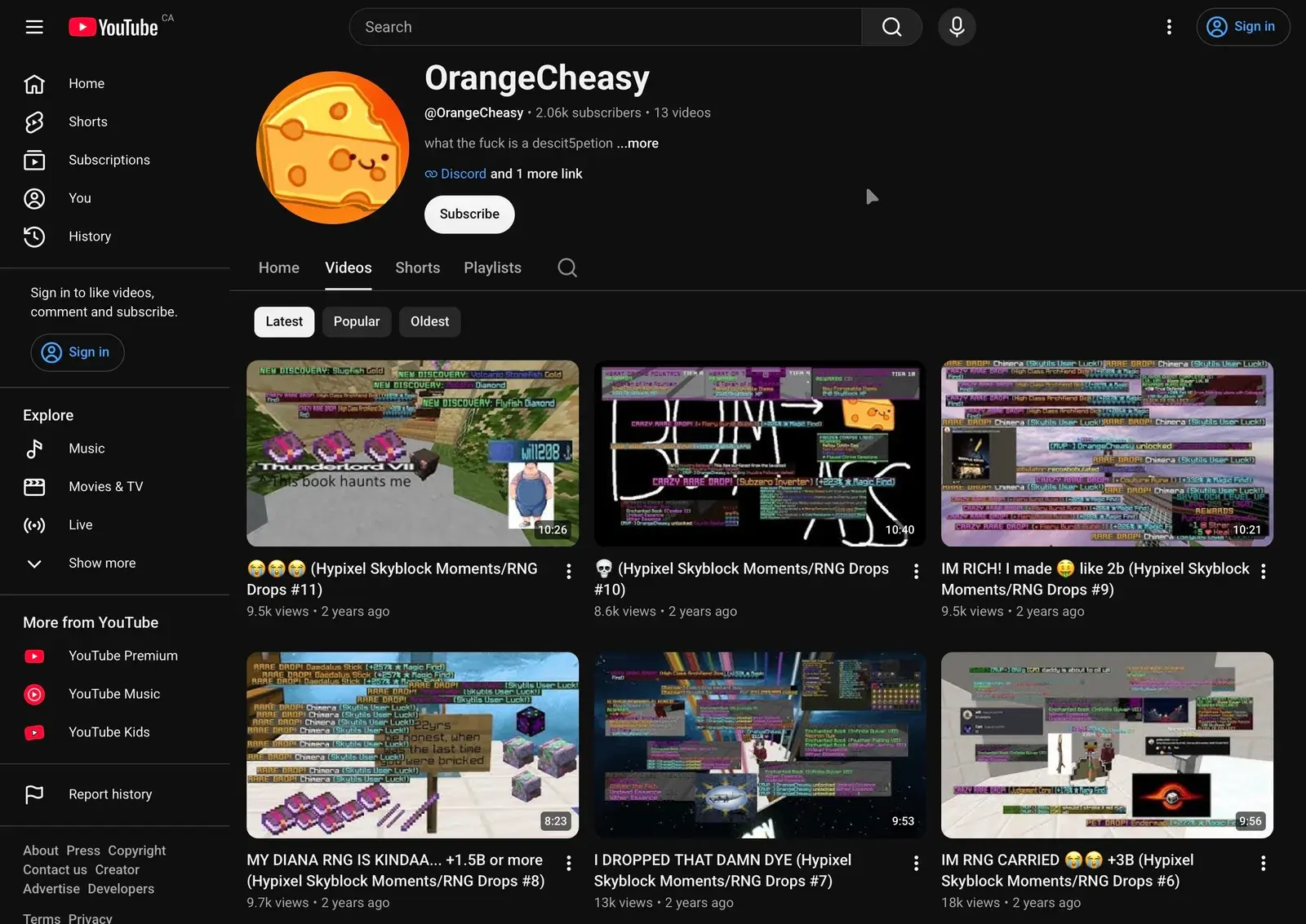 The OrangeCheasy YouTube channel page, showing 2.06k subscribers and the video grid.